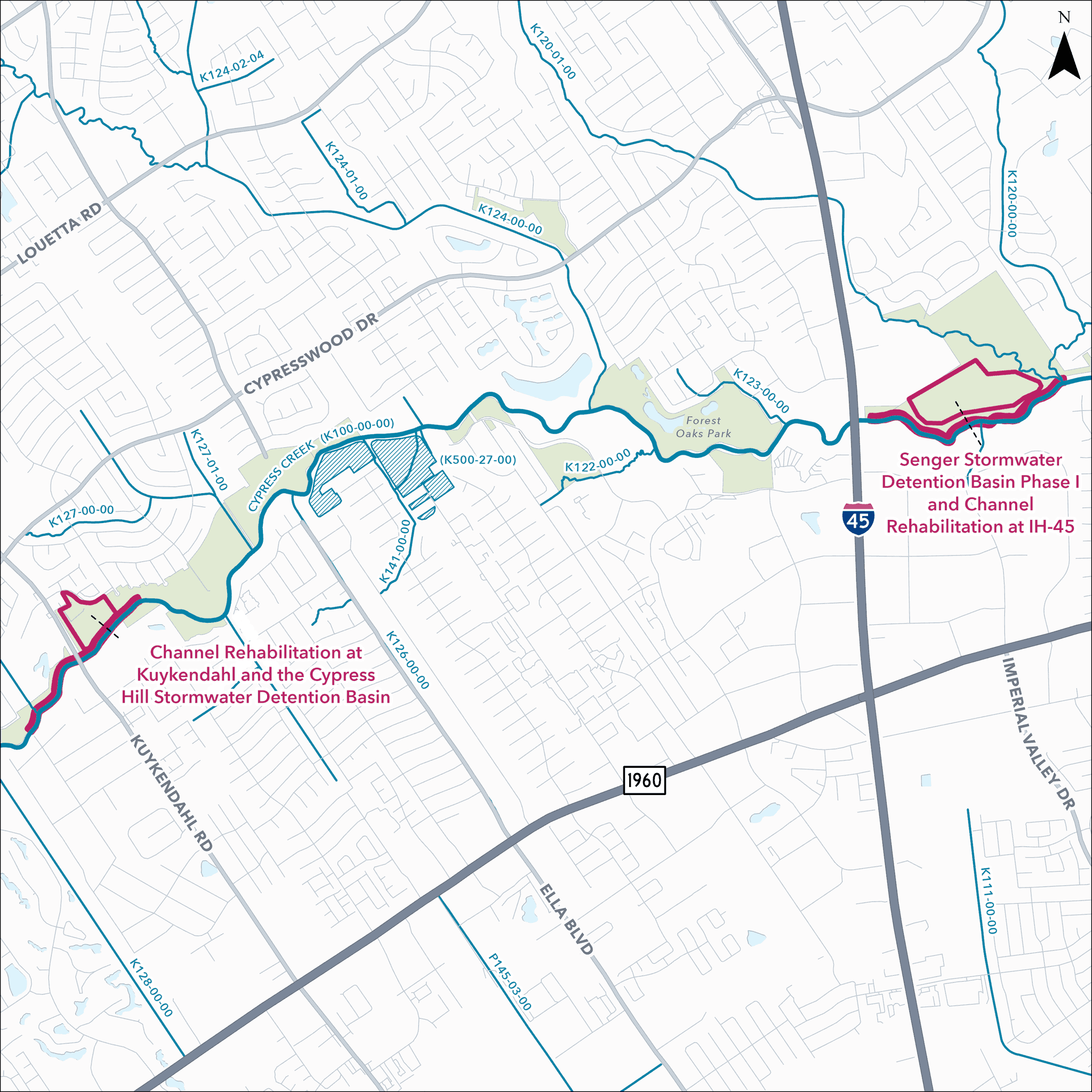 Map of Cypress Creek flood mitigation projects showing channel rehabilitation near Kuykendahl Road and a stormwater detention basin and channel rehabilitation project near I-45.
