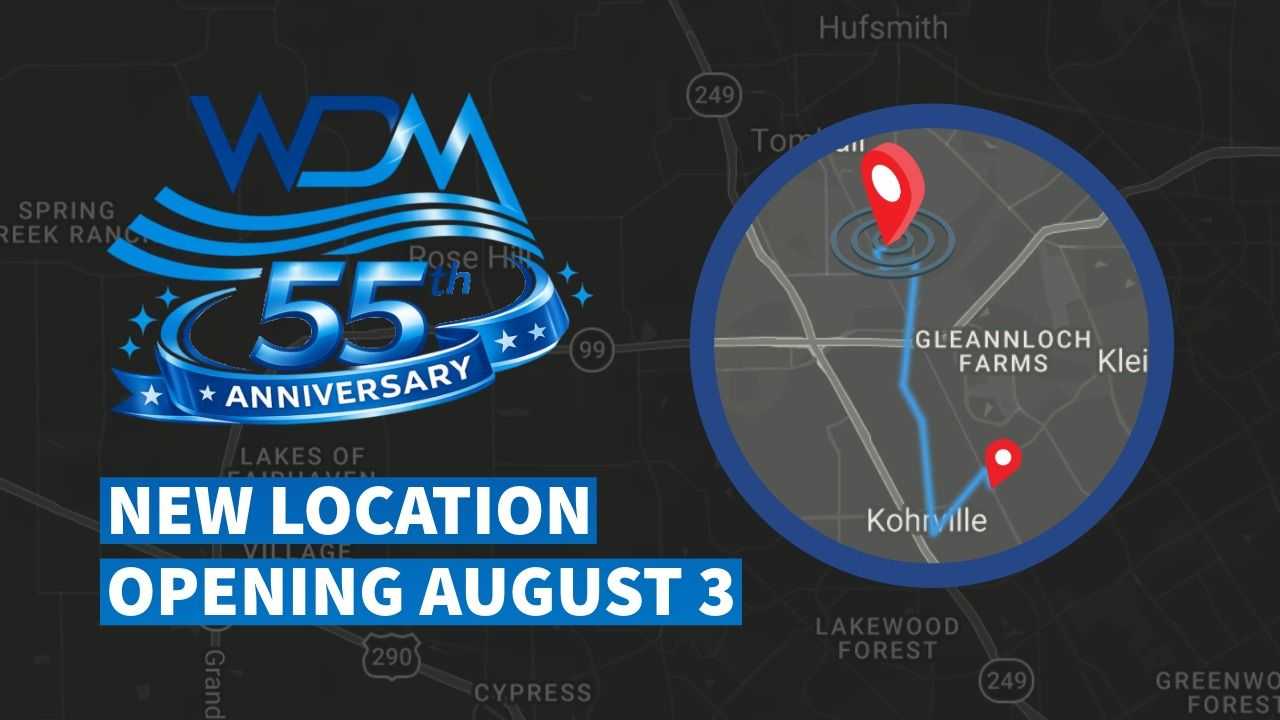 Graphic announcing a “NEW LOCATION” with “Opens August 2025,” featuring a stylized logo and a map inset with red location pins near labeled areas including Gleannloch Farms and Kohrville.