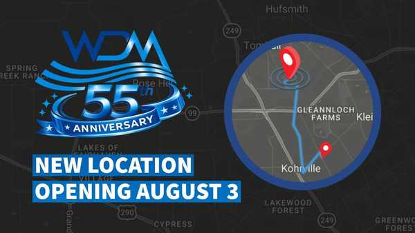 Graphic announcing a “NEW LOCATION” with “Opens August 2025,” featuring a stylized logo and a map inset with red location pins near labeled areas including Gleannloch Farms and Kohrville.