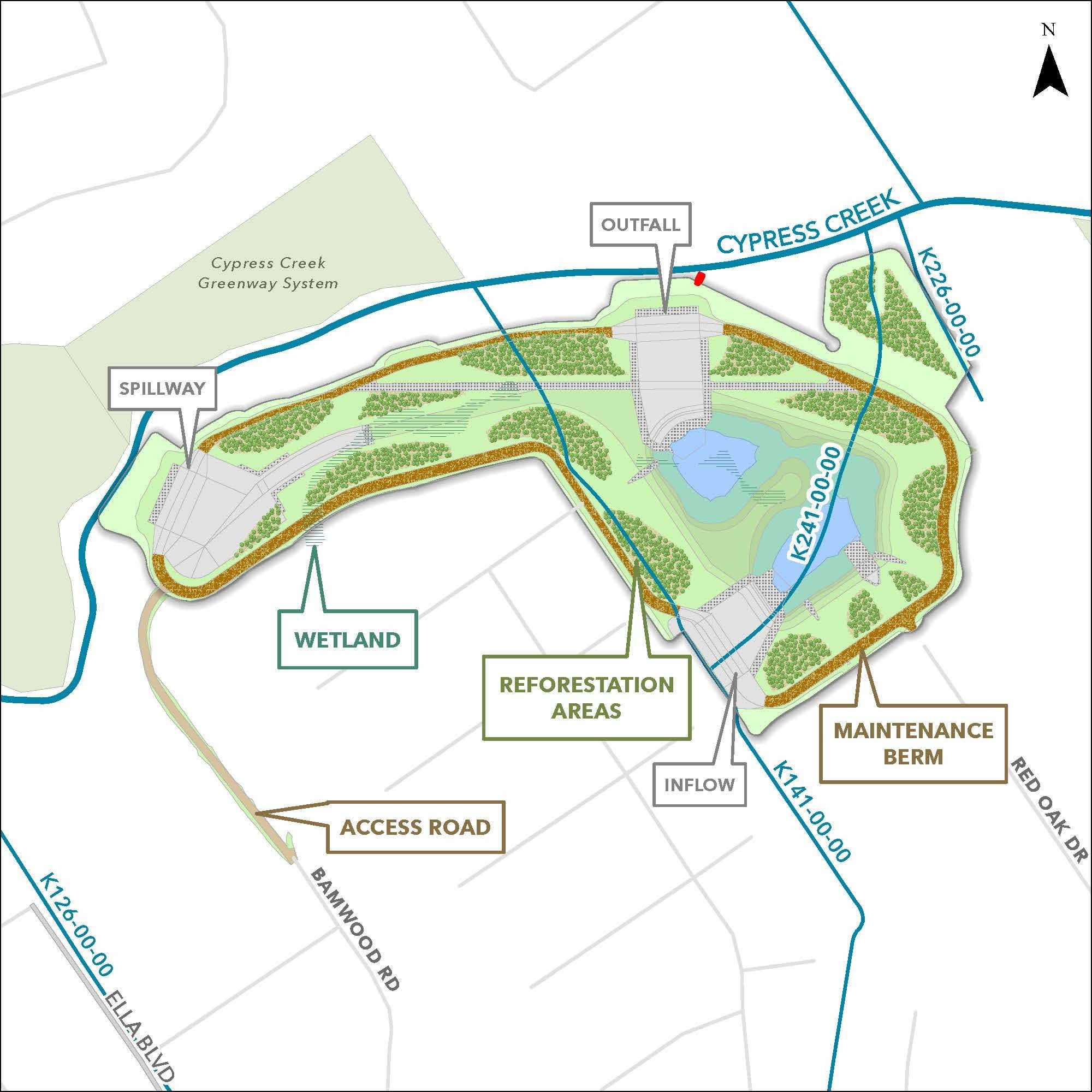 Map of the Mercer stormwater detention project showing north and south basins, wetlands, an equalizer pipe, detention outfall to Cypress Creek, and the project boundary near Hardy Road.