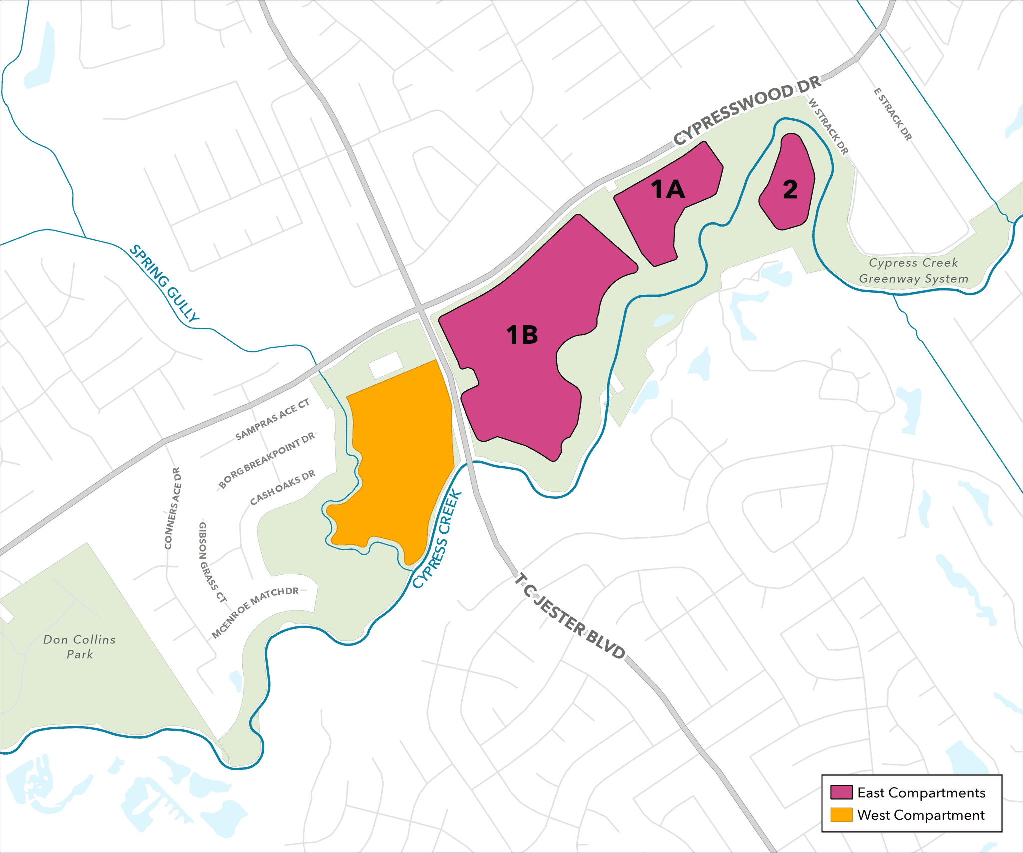 Map of Cypress Creek detention basin compartments showing East Compartments 1A, 1B, and 2, plus a West Compartment, near Cypresswood Drive and T.C. Jester Boulevard.