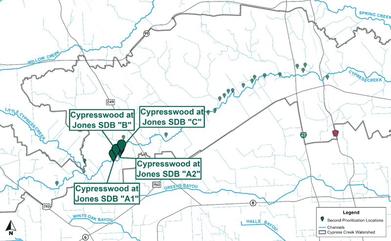 Map of the Cypress Creek watershed highlighting four Cypresswood at Jones storm detention basin sites (A1, A2, B, and C), with channels, watershed boundaries, and prioritization locations.